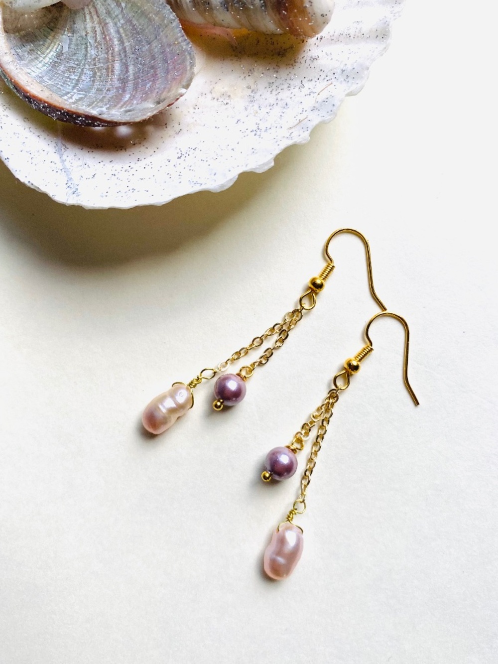 Handmade Chain Earrings with Double Nugget Pearl & Amethyst Shell Pearl